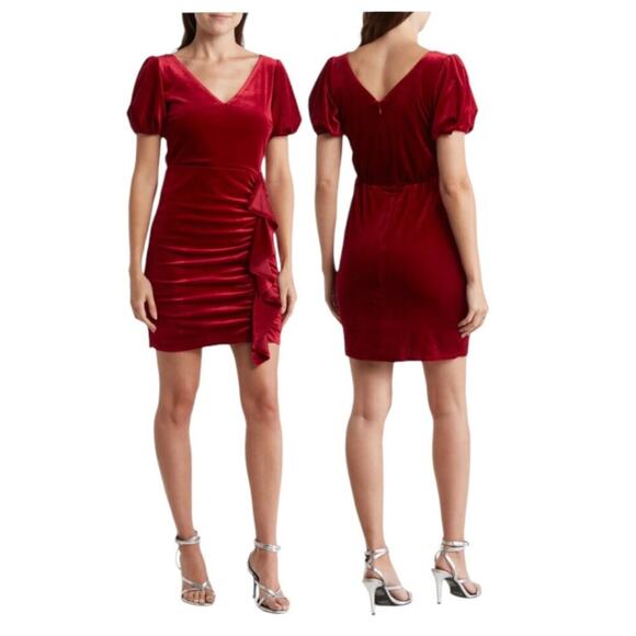 Sam Edelman Ruched Puff Sleeve Velvet Minidress In Wine Size 4 NWOT $60 MSRP - Picture 1 of 8